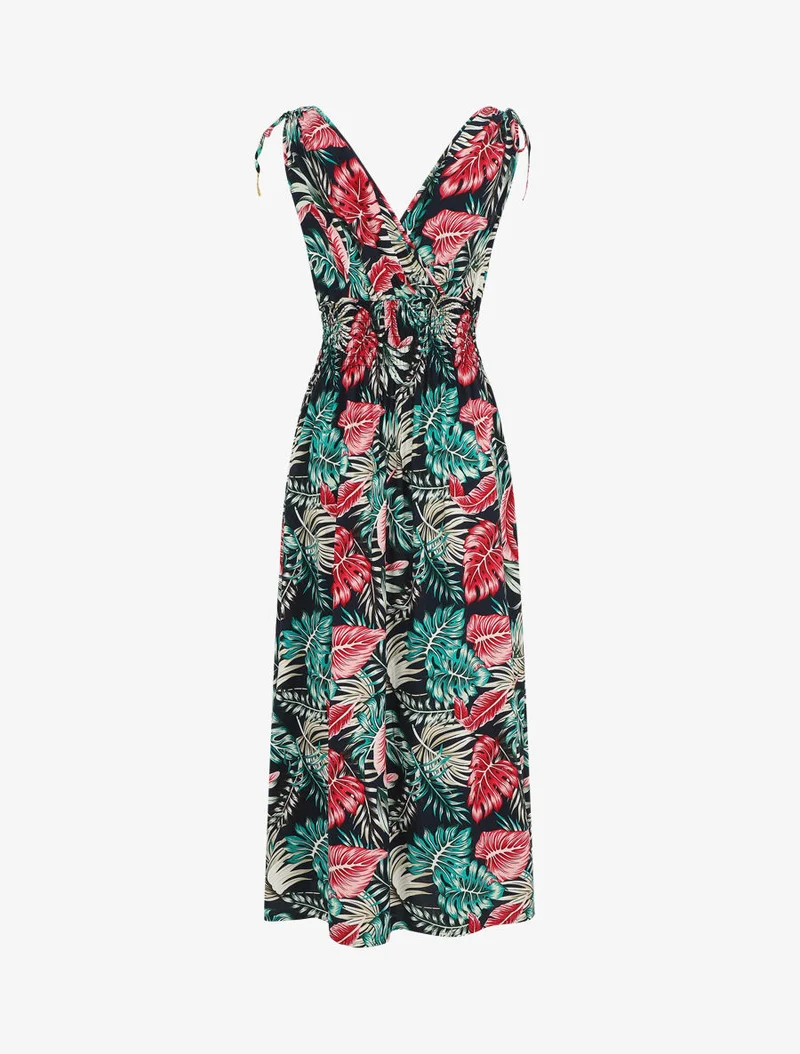 Langes elastisches Kleid mit Blattdruck - Mitternachtsblau