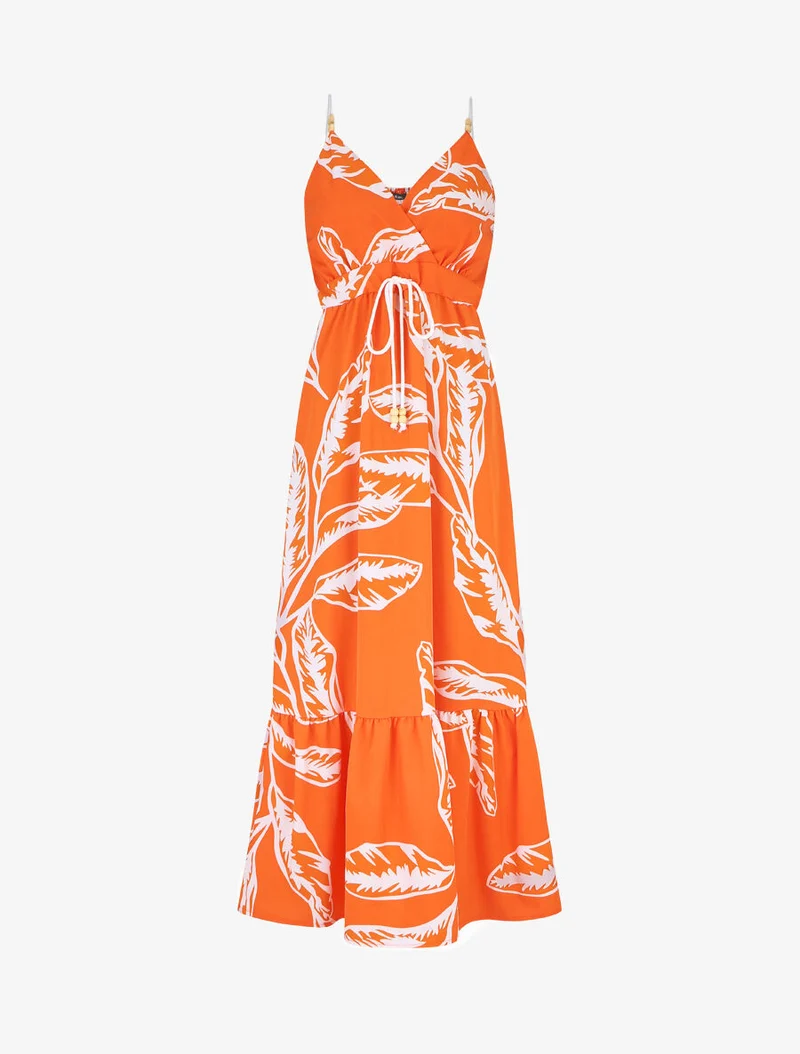 Trägerkleid im Seilstil mit großem Blätterdruck - Orange