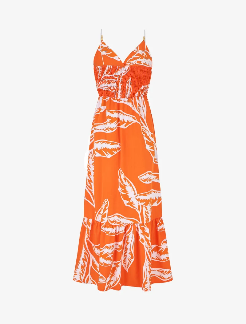 Trägerkleid im Seilstil mit großem Blätterdruck - Orange