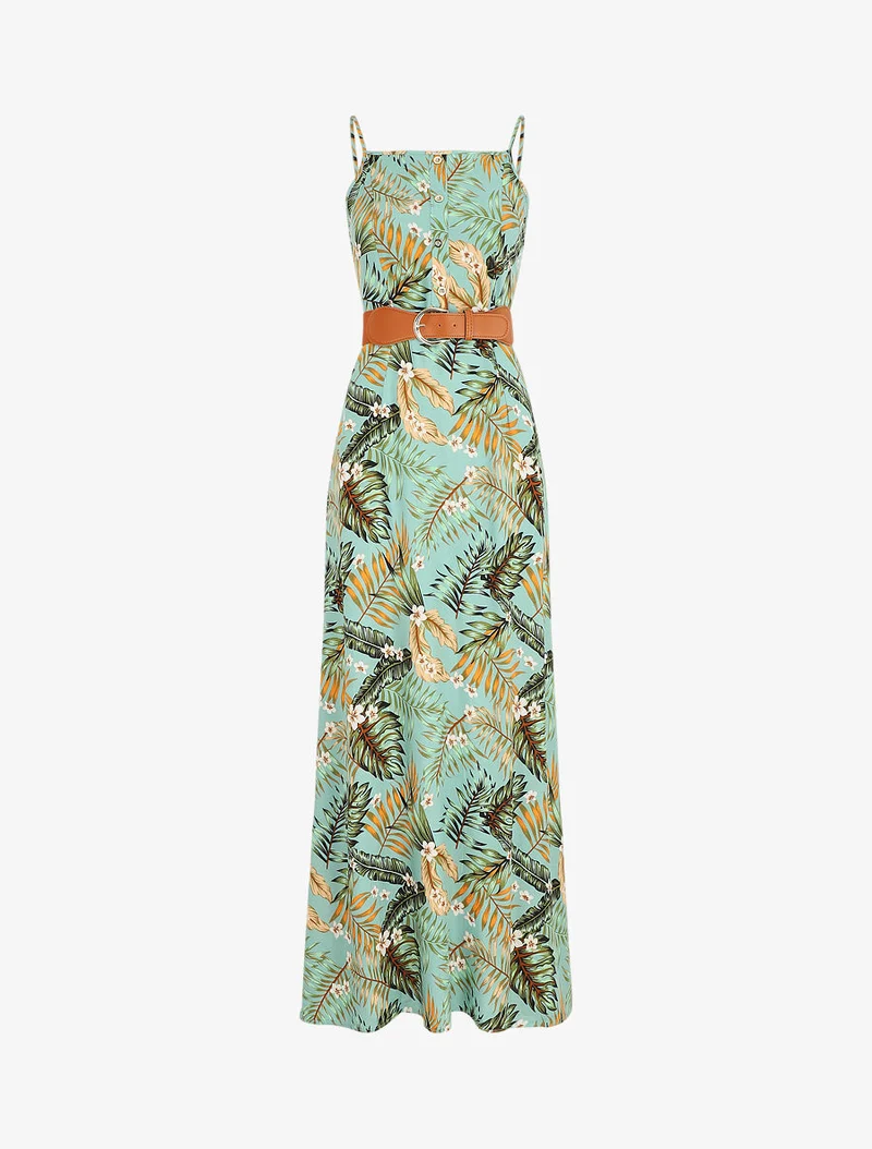 Langes, gerades Kleid mit Blattmuster - Wassergrün