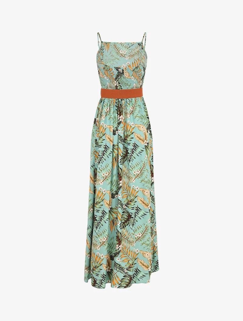 Langes, gerades Kleid mit Blattmuster - Wassergrün