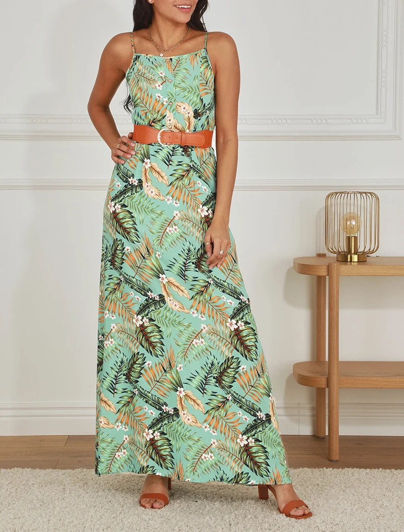 Langes, gerades Kleid mit Blattmuster - Wassergrün