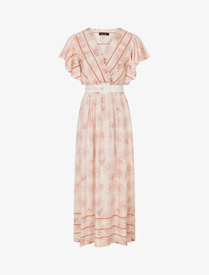 Langes elastisches Kleid mit Blumenmuster - Braun