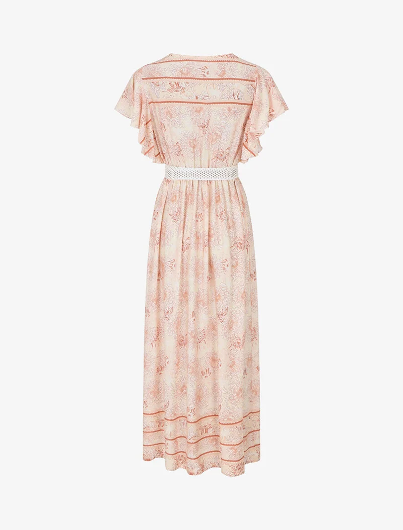 Langes elastisches Kleid mit Blumenmuster - Braun