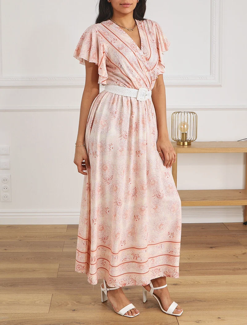 Langes elastisches Kleid mit Blumenmuster - Braun