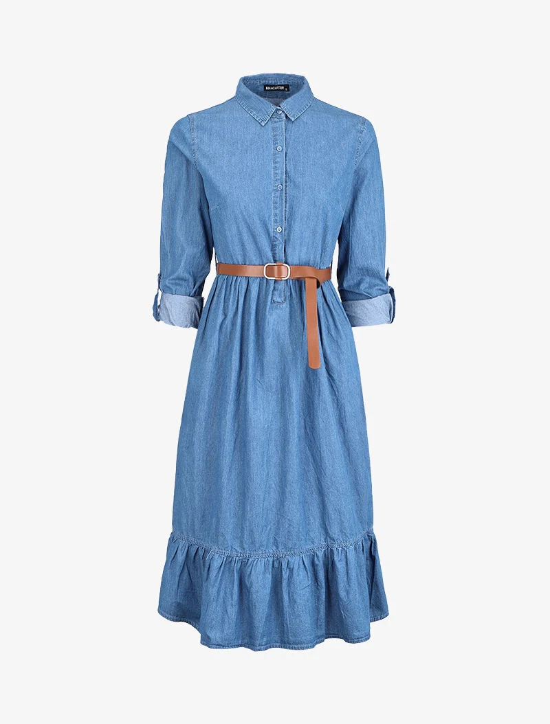 Langes Rüschenkleid aus Jeans - Denimblau