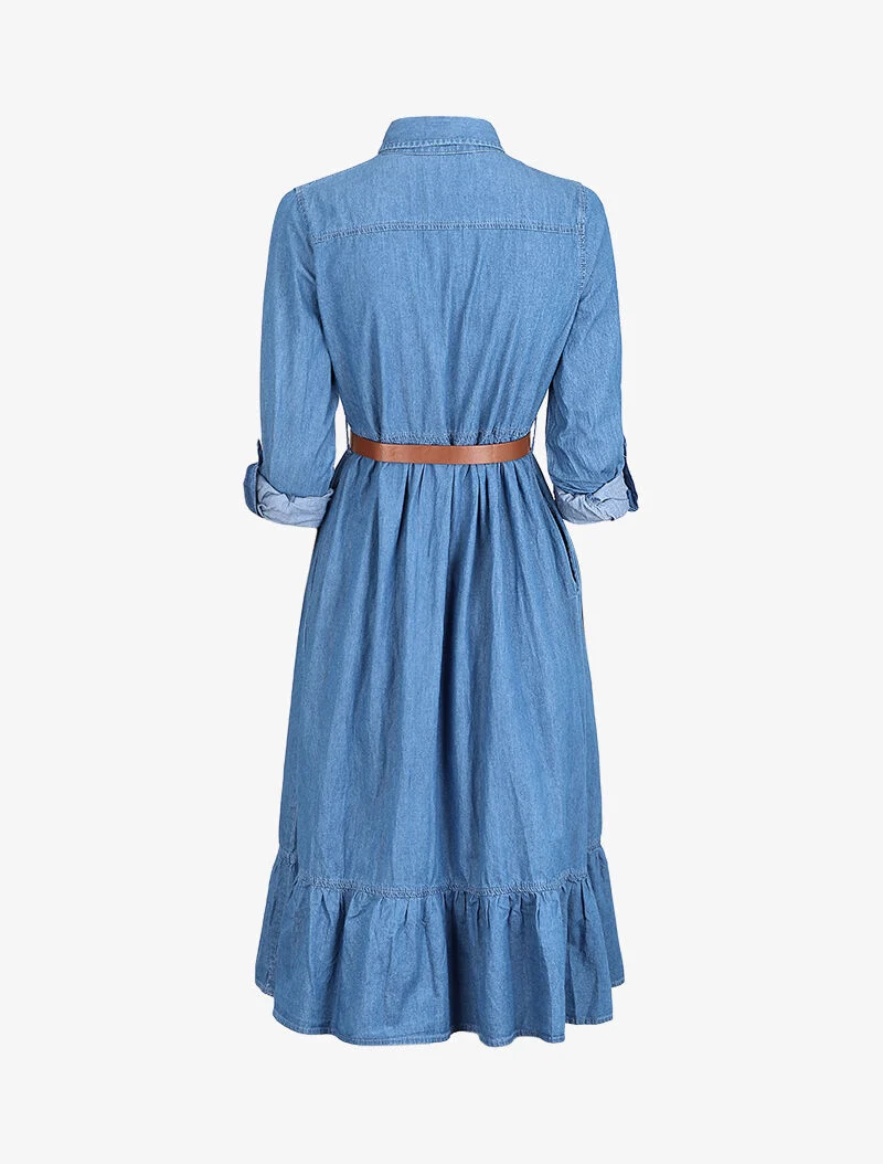 Langes Rüschenkleid aus Jeans - Denimblau
