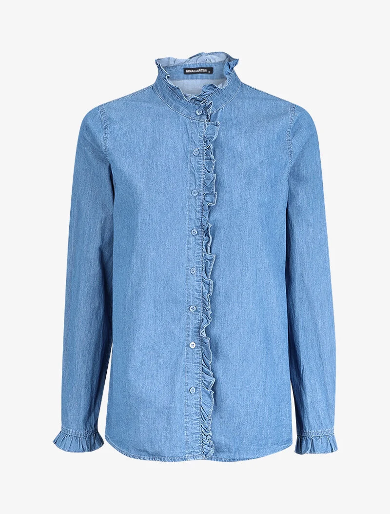 Rüschen-Jeanshemd - Denimblau