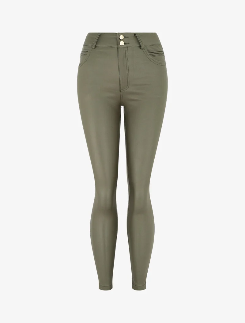 Hose mit hoher Taille in Kunstleder - Kaki