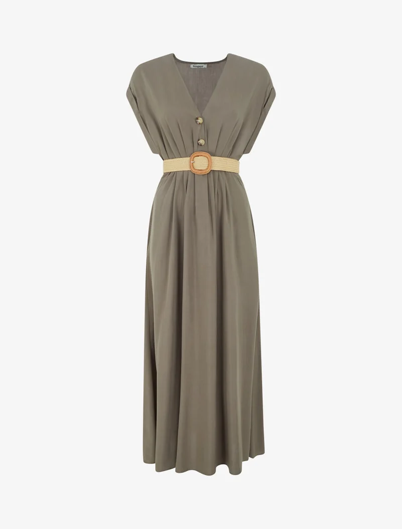Langes unifarbenes elastisches Kleid - Kaki