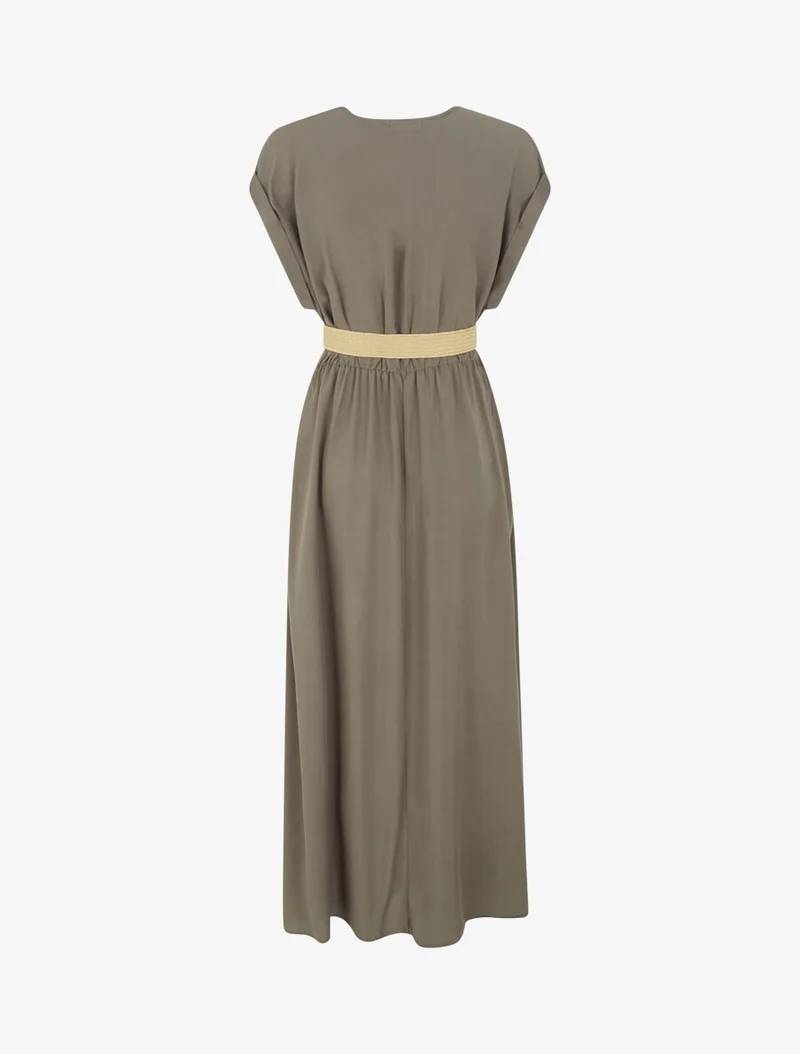 Langes unifarbenes elastisches Kleid - Kaki
