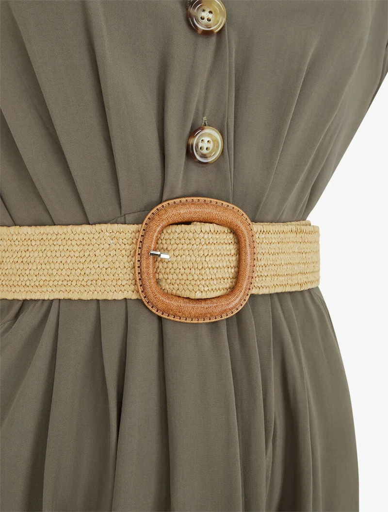 Langes unifarbenes elastisches Kleid - Kaki