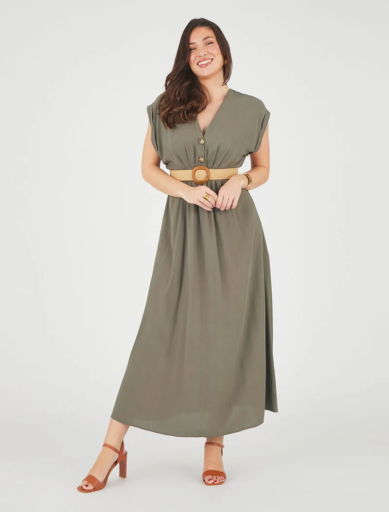 Langes unifarbenes elastisches Kleid - Kaki