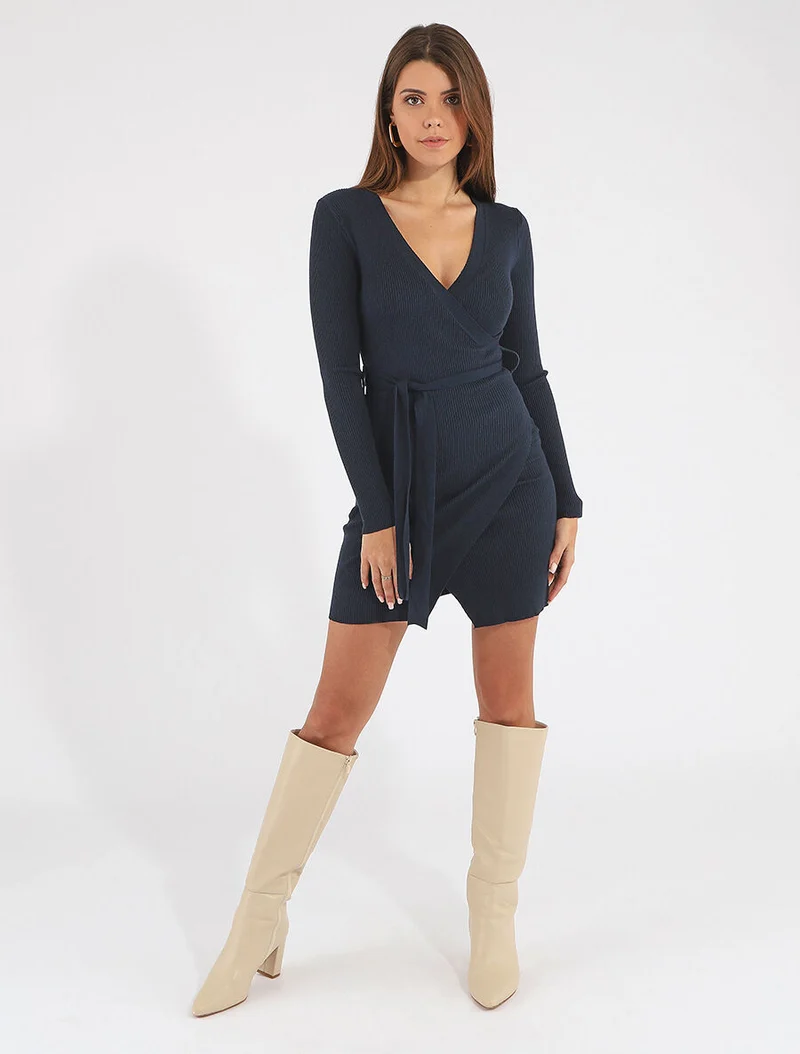 Geripptes Wickelkleid im Bodycon-Stil - Marine