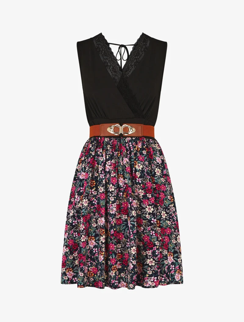 Ärmelloses, mittellanges Blumenkleid mit Spitzenkragen - Marine