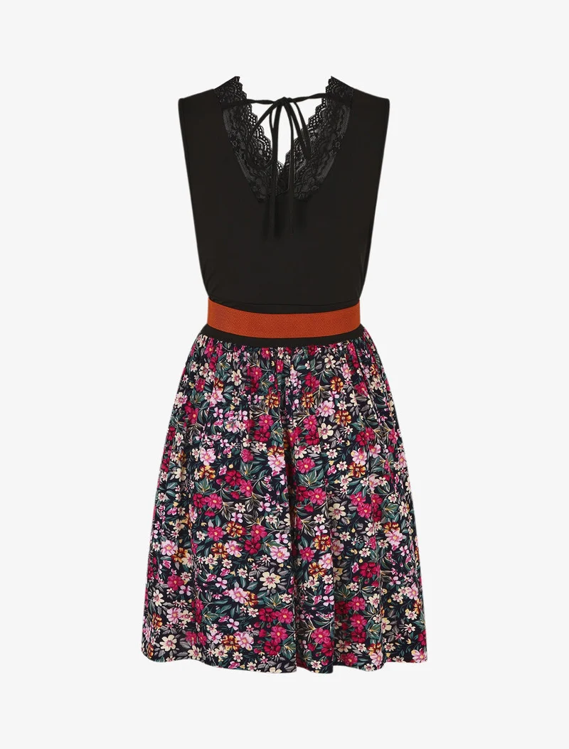 Ärmelloses, mittellanges Blumenkleid mit Spitzenkragen - Marine
