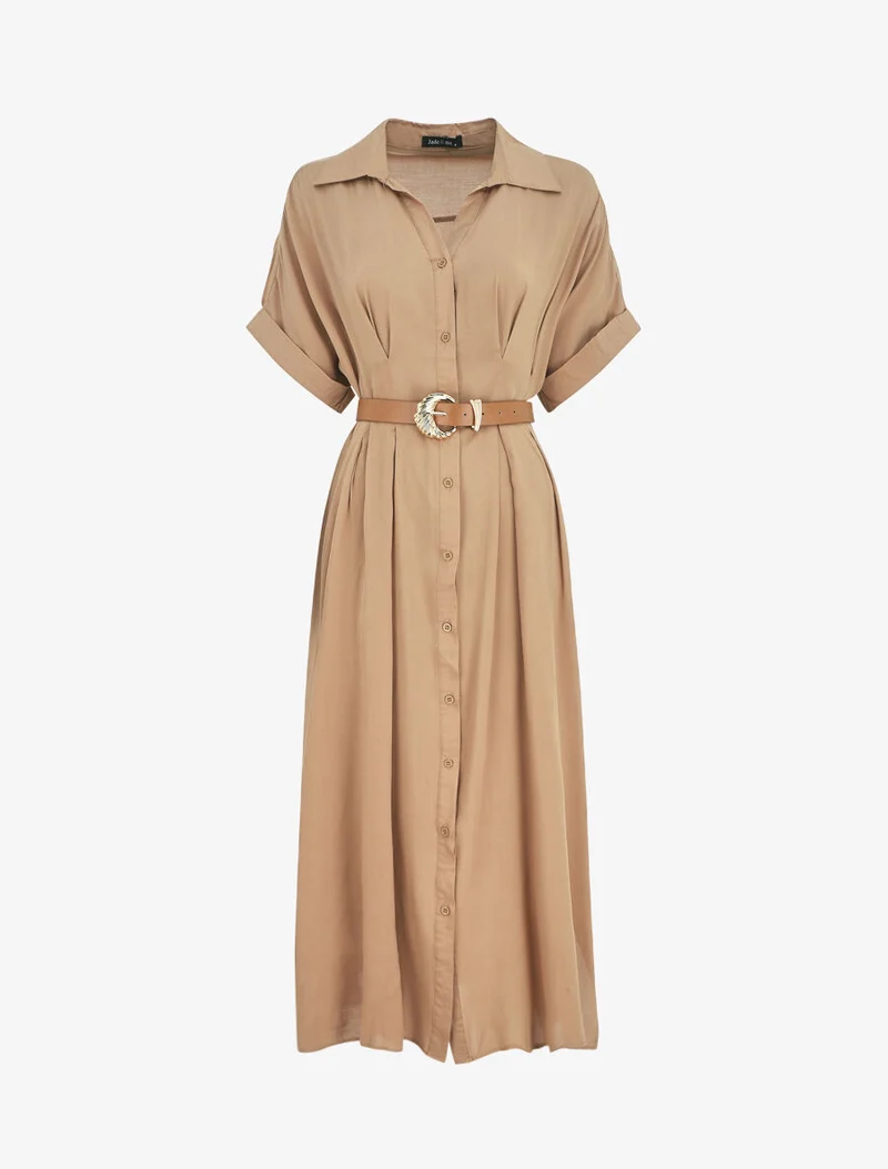 Langes Hemdkleid mit Gürtel - Kamel