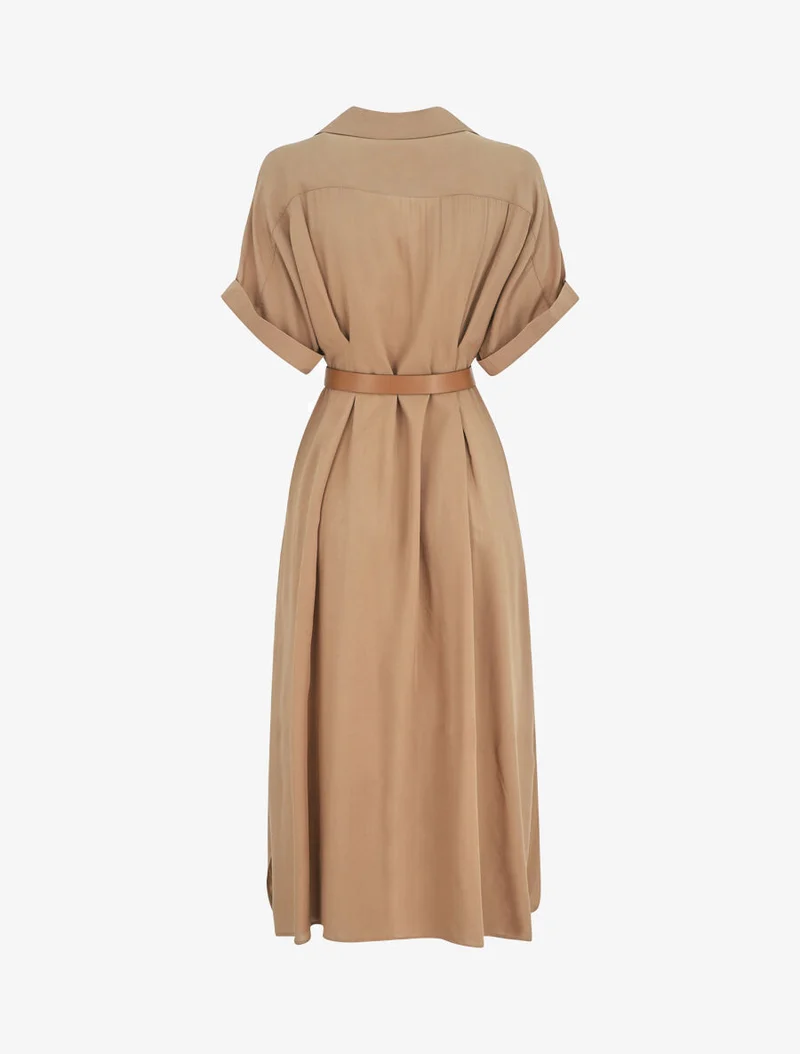 Langes Hemdkleid mit Gürtel - Kamel