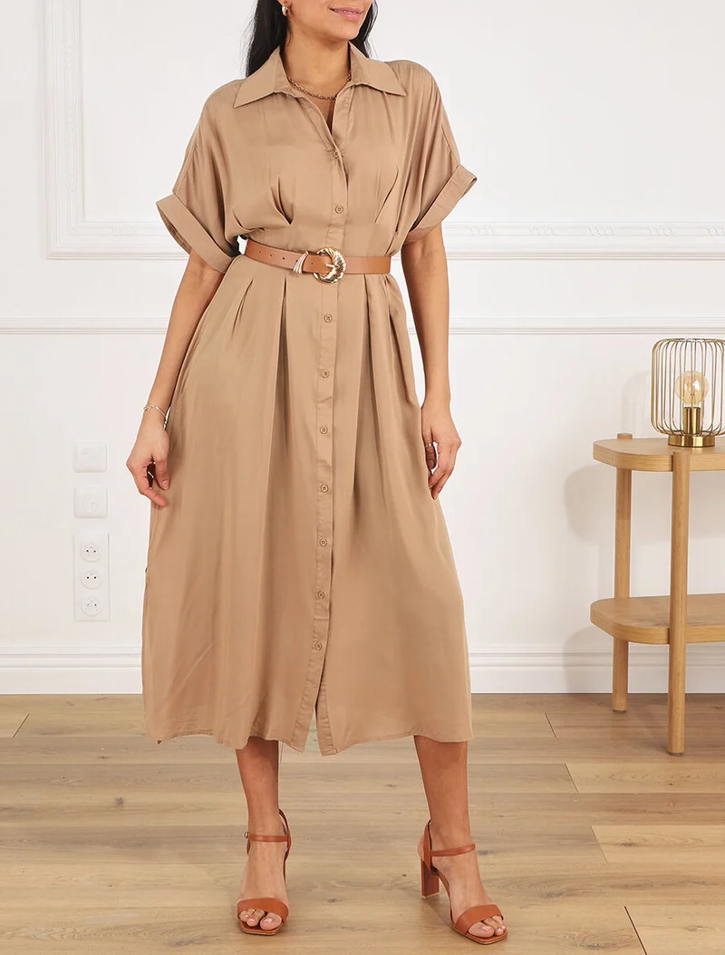 Langes Hemdkleid mit Gürtel - Kamel