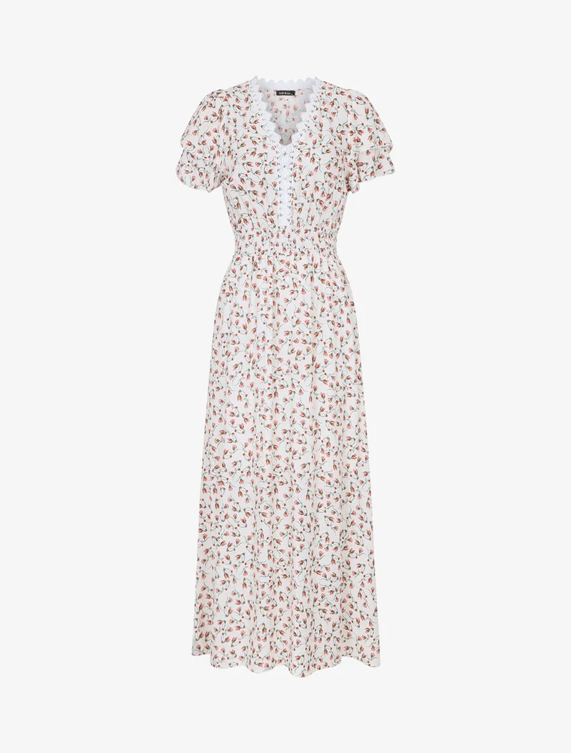 Kleid mit kleinem Blumenmuster und doppelten Ärmeln - Weiß