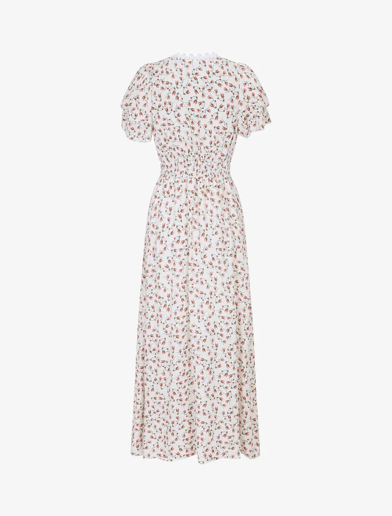 Kleid mit kleinem Blumenmuster und doppelten Ärmeln - Weiß