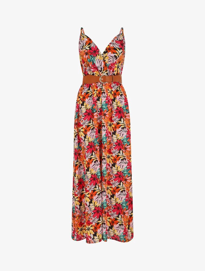 Langes Kleid mit Wildblättern bedruckt und Trägern - Schwarz/Orange