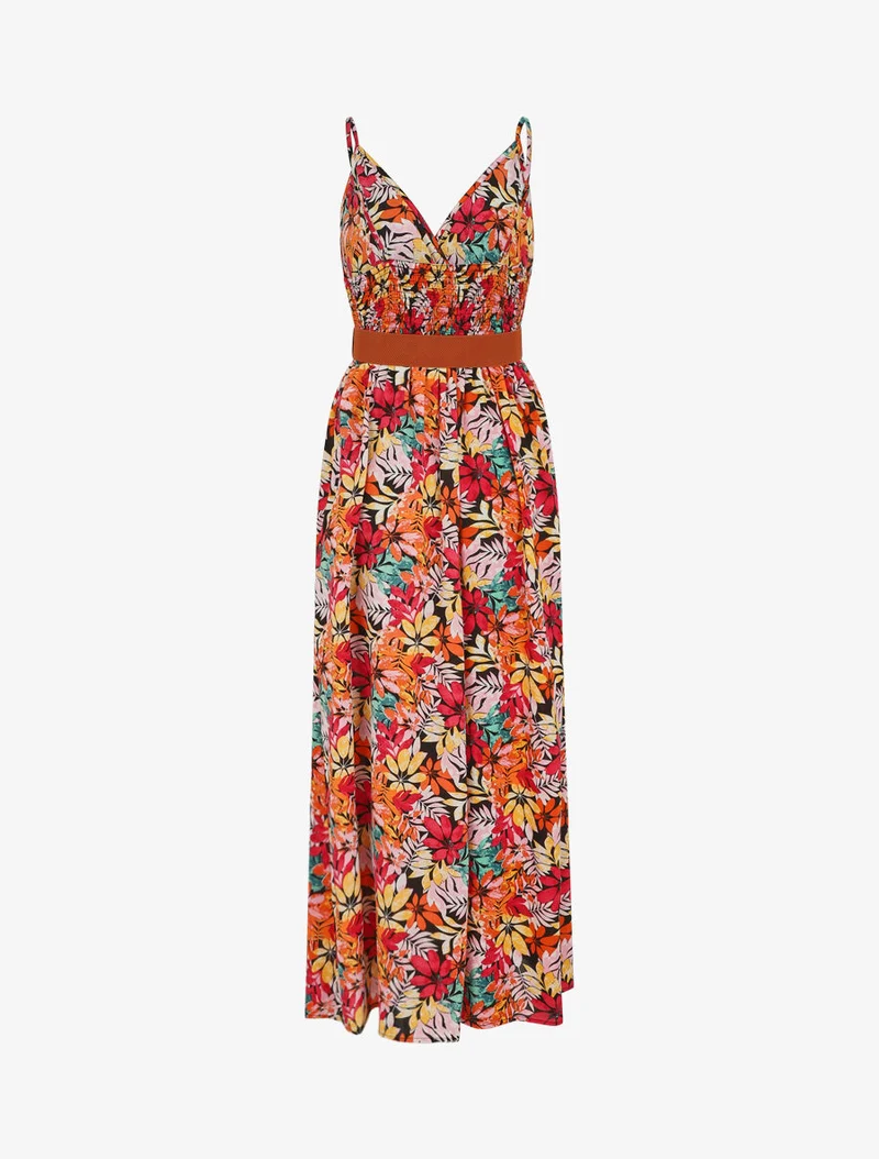 Langes Kleid mit Wildblättern bedruckt und Trägern - Schwarz/Orange
