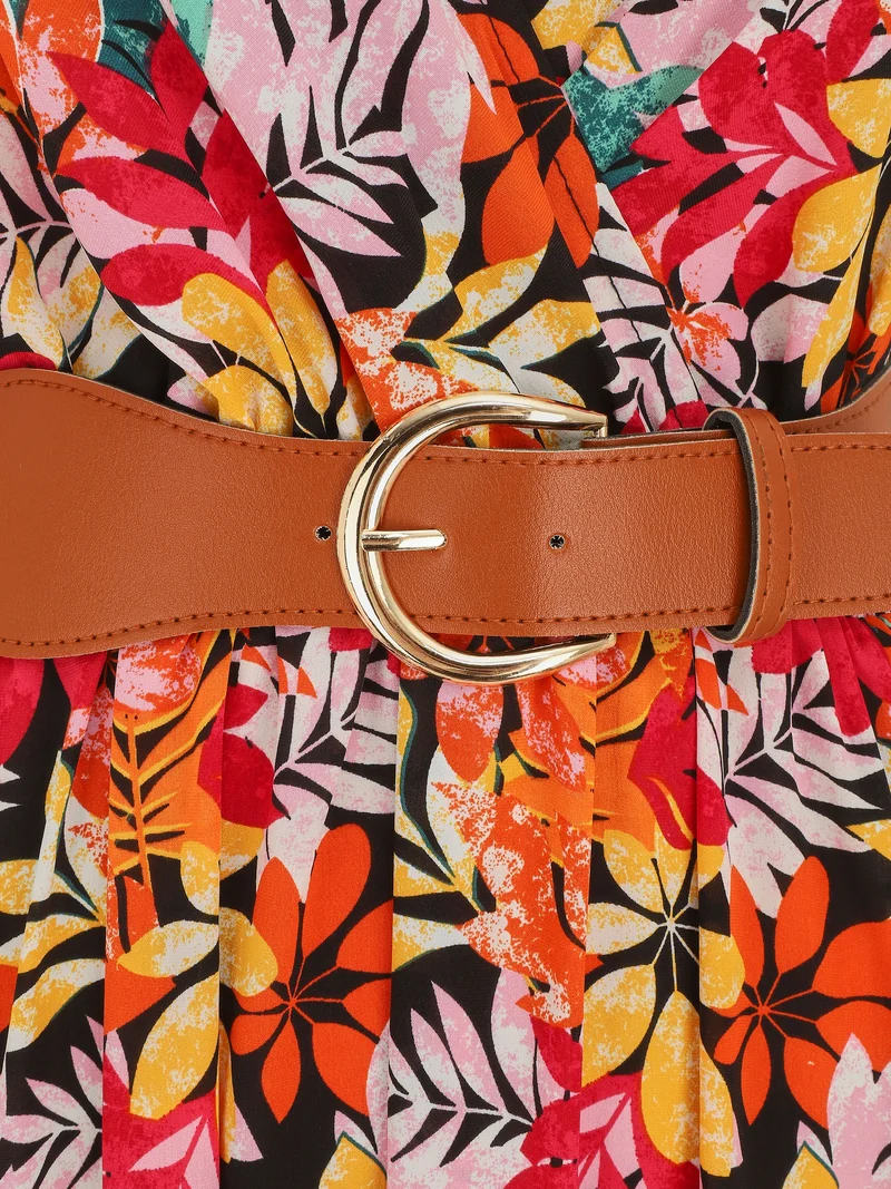 Langes Kleid mit Wildblättern bedruckt und Trägern - Schwarz/Orange