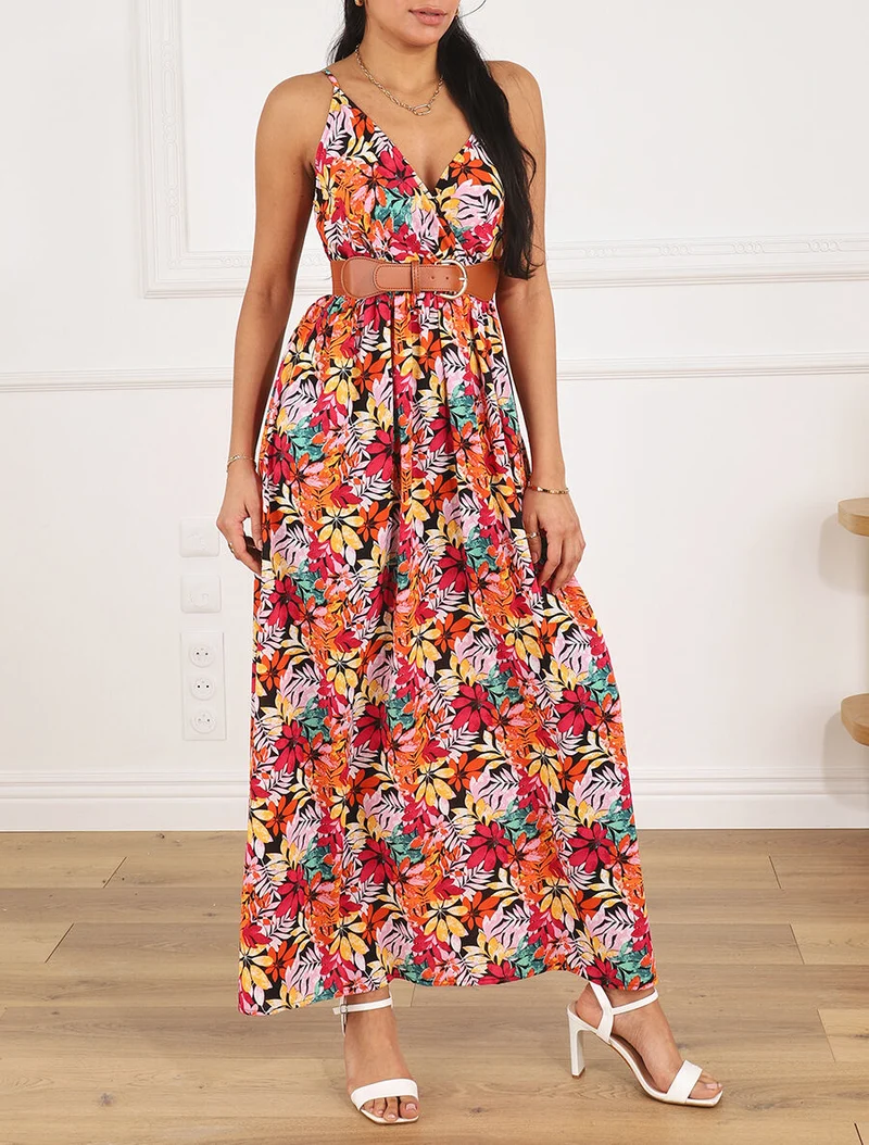 Langes Kleid mit Wildblättern bedruckt und Trägern - Schwarz/Orange