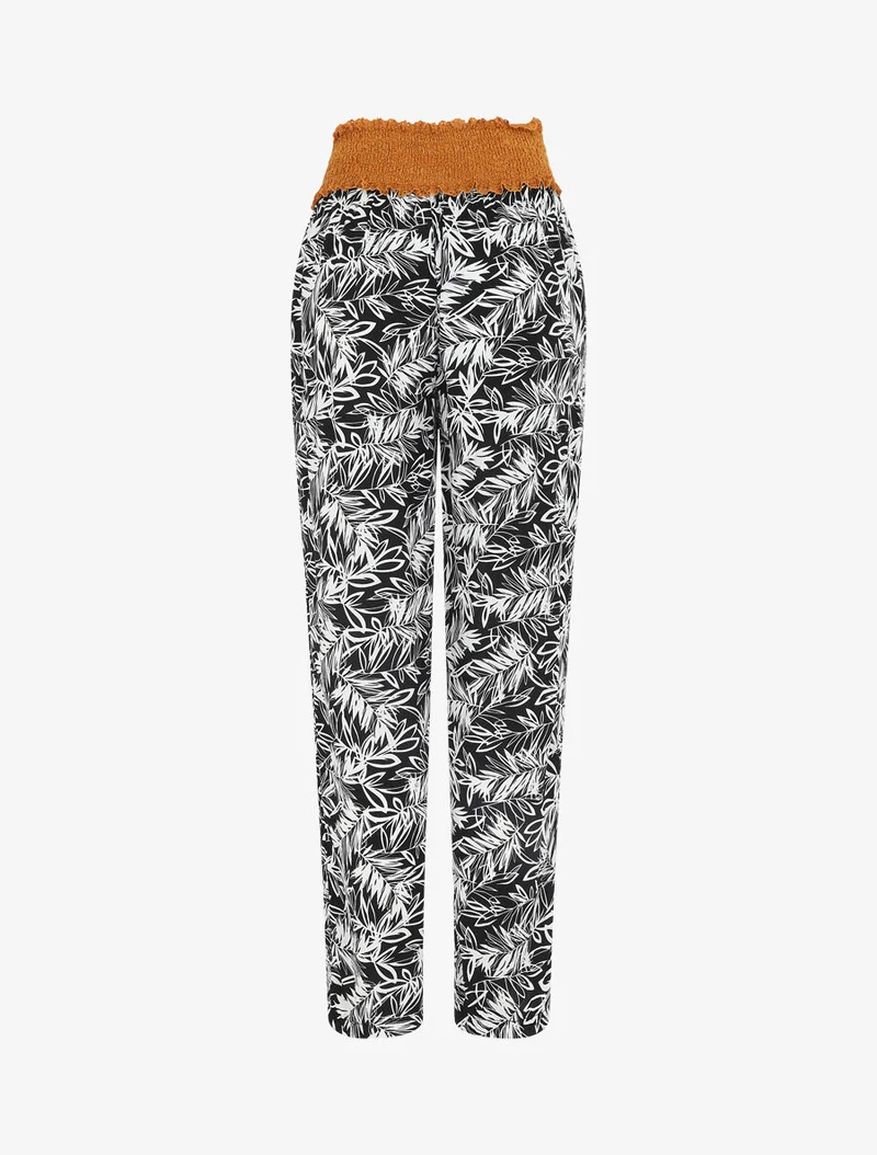 Gerade geschnittene Hose mit hohem Bund und Pflanzenmuster. - Schwarz