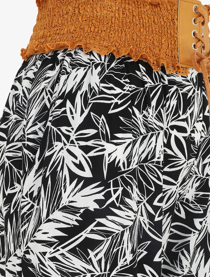 Gerade geschnittene Hose mit hohem Bund und Pflanzenmuster. - Schwarz