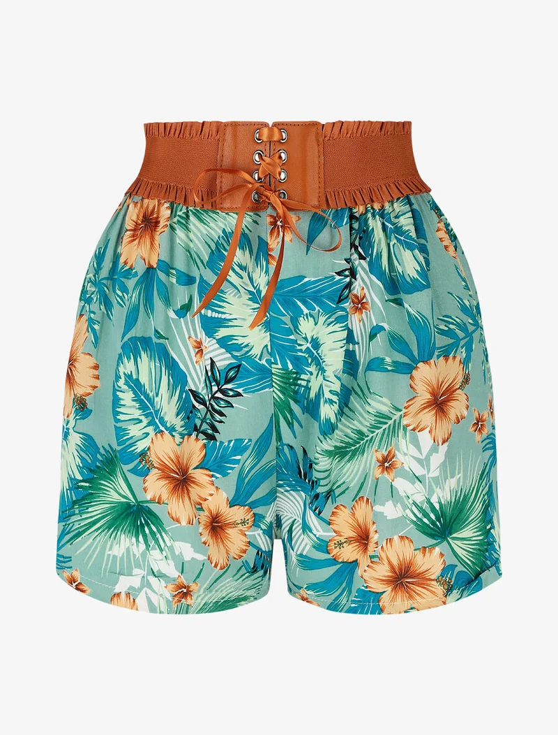 Taillenhose im Korsettstil mit Blumenmuster - Grün