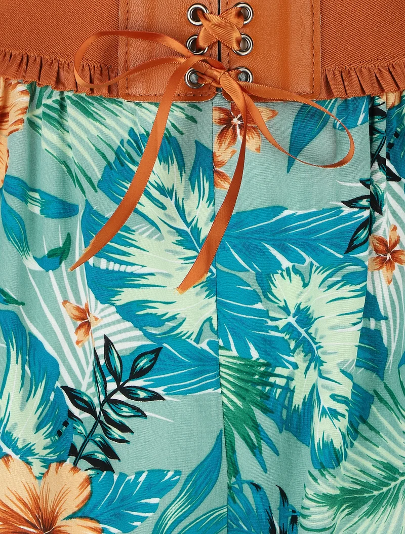 Taillenhose im Korsettstil mit Blumenmuster - Grün