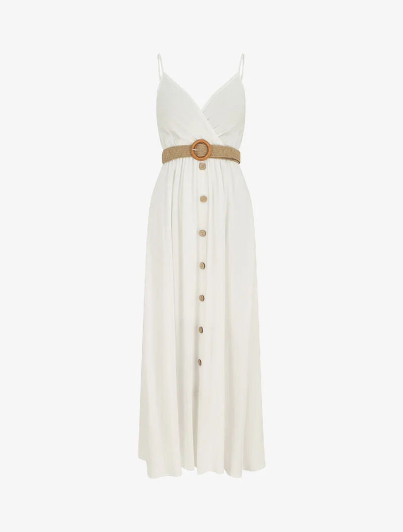 Langes einfarbiges Kleid mit Trägern und Knöpfen - Weiß