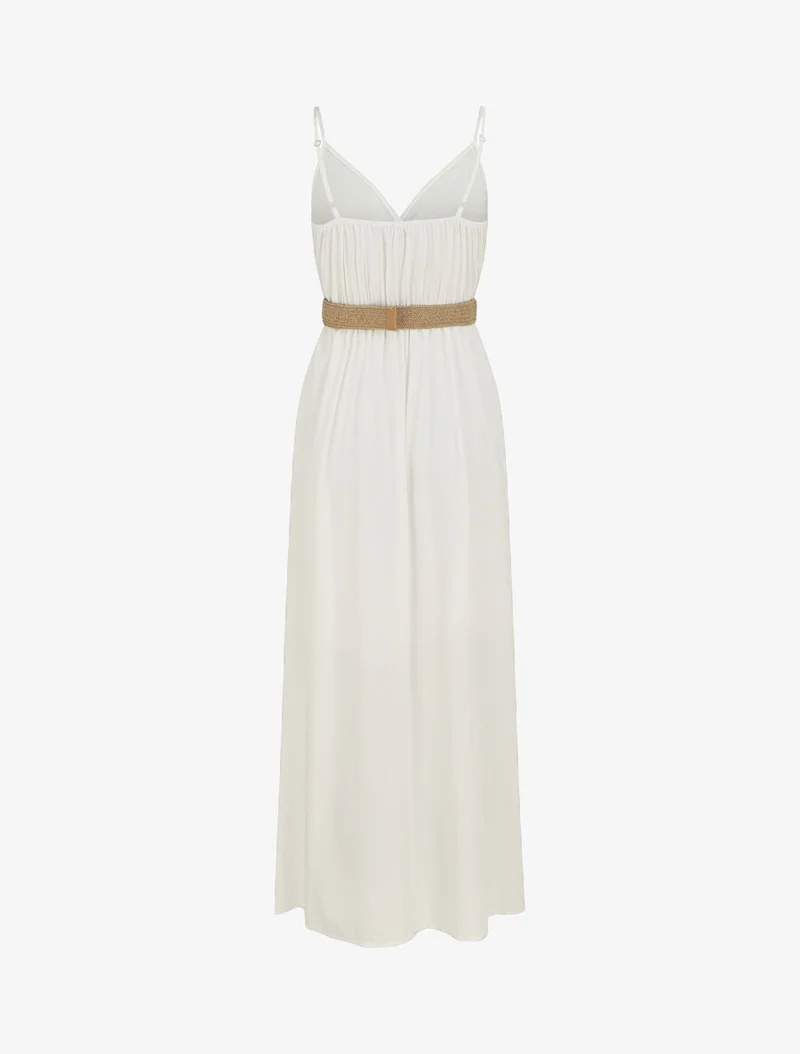 Langes einfarbiges Kleid mit Trägern und Knöpfen - Weiß