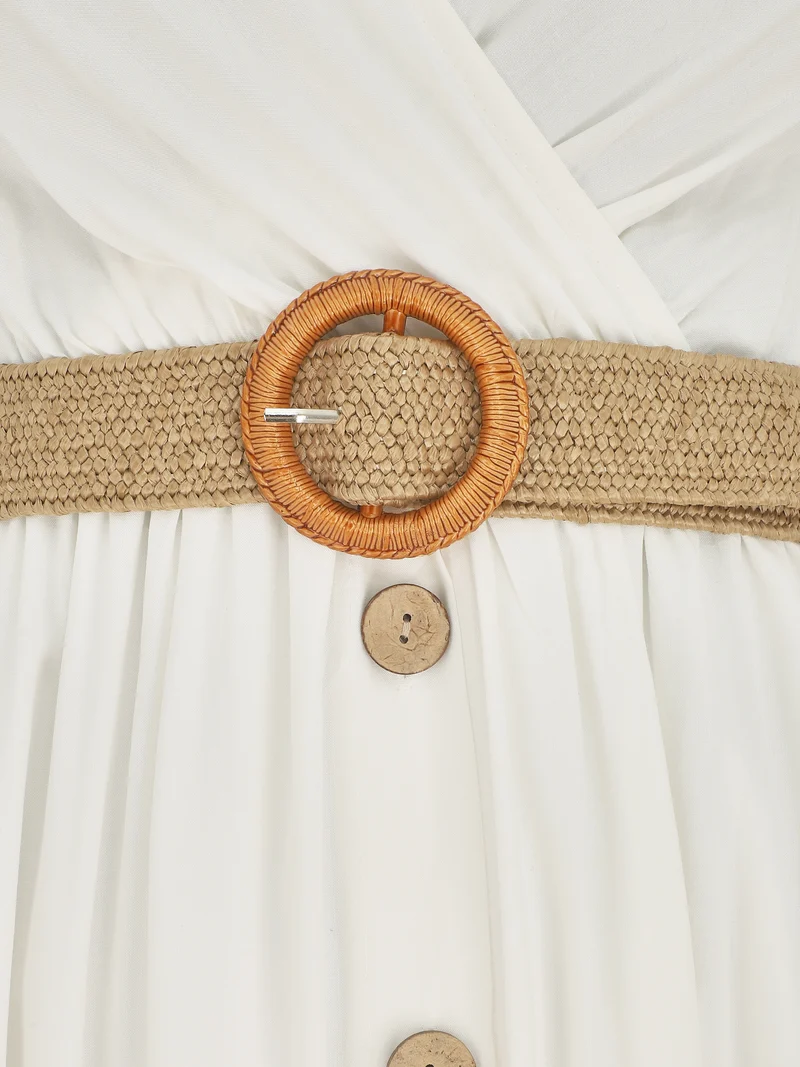Langes einfarbiges Kleid mit Trägern und Knöpfen - Weiß
