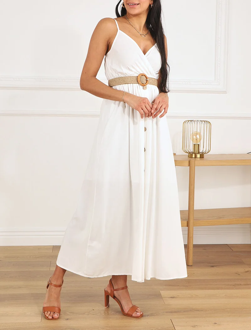 Langes einfarbiges Kleid mit Trägern und Knöpfen - Weiß