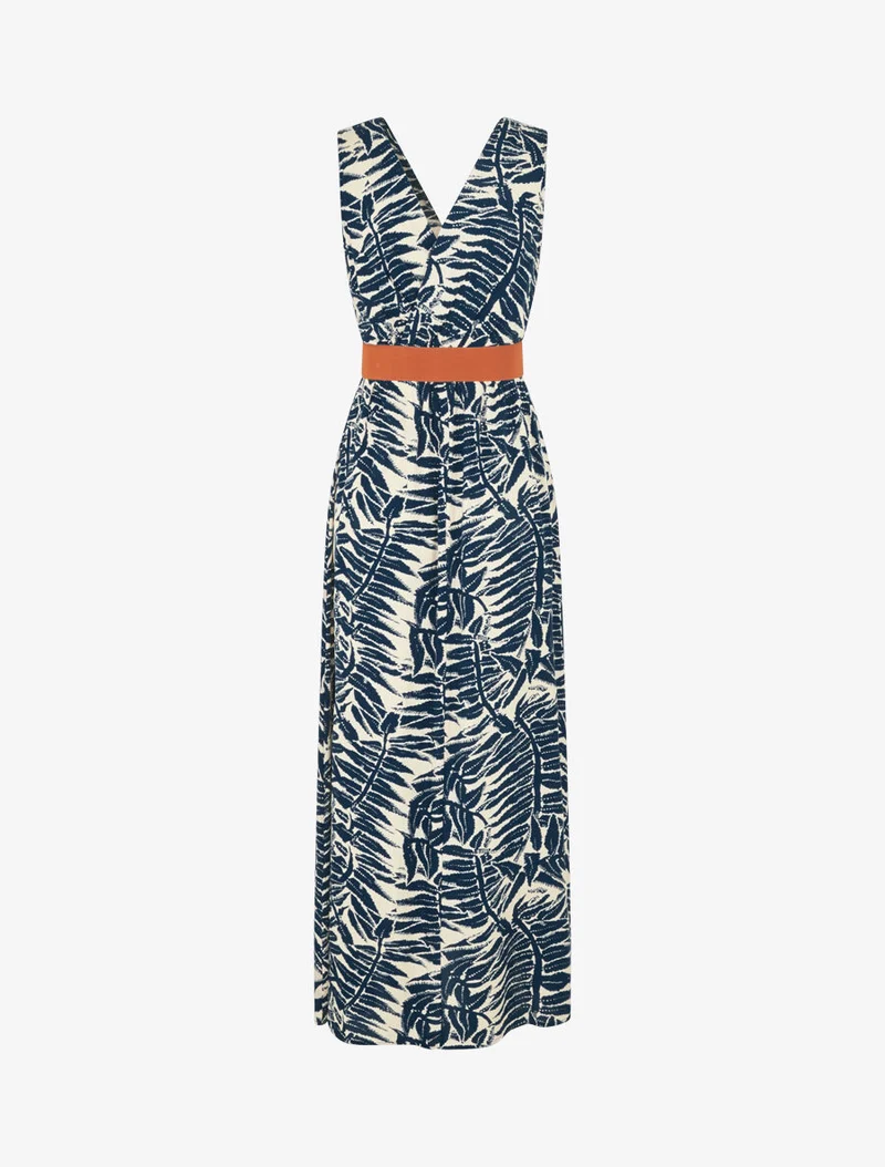 Ausgestelltes langes Kleid mit tropischem Print - Marine