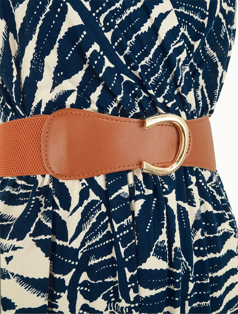Ausgestelltes langes Kleid mit tropischem Print - Marine