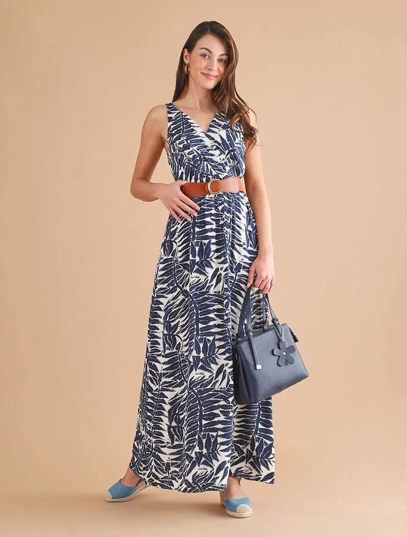 Ausgestelltes langes Kleid mit tropischem Print - Marine
