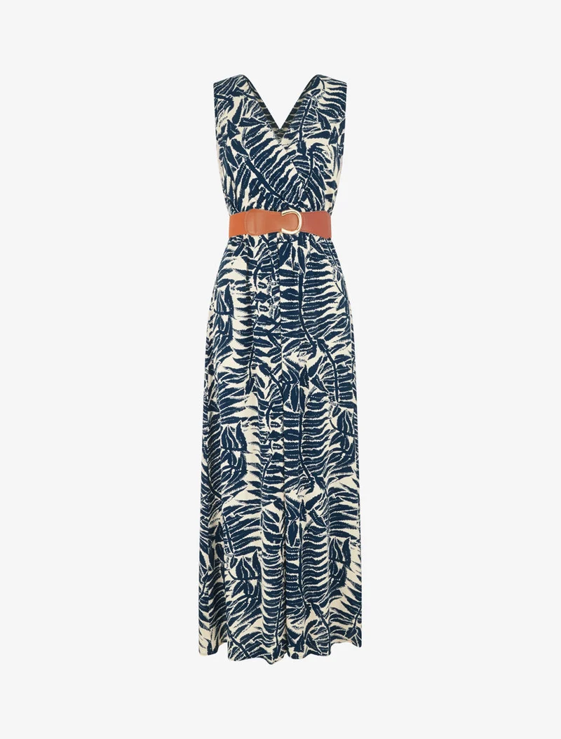 Ausgestelltes langes Kleid mit tropischem Print - Marine