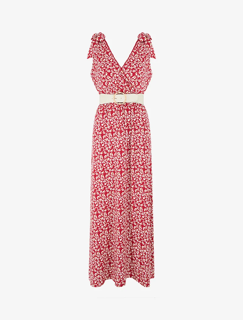 Kleid mit Blumenmuster und Knoten an den Schultern - Rot