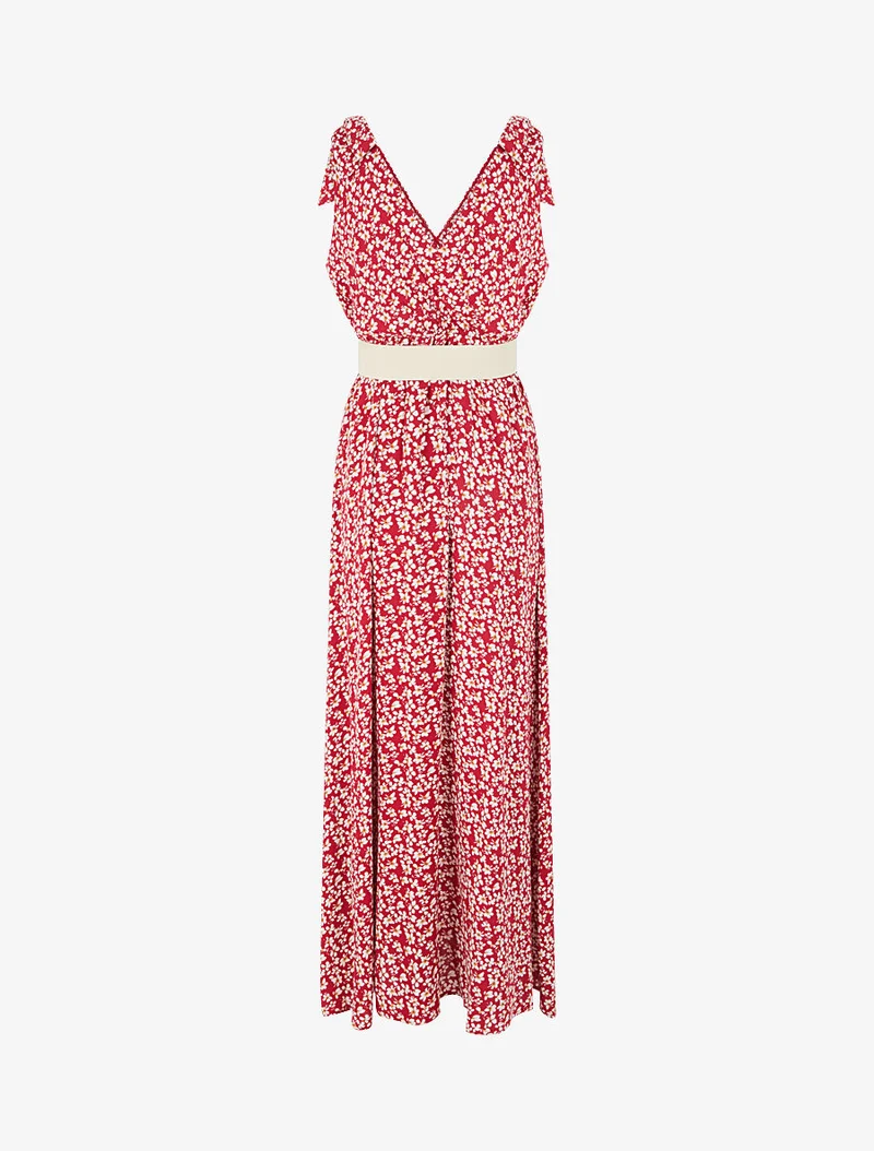 Kleid mit Blumenmuster und Knoten an den Schultern - Rot