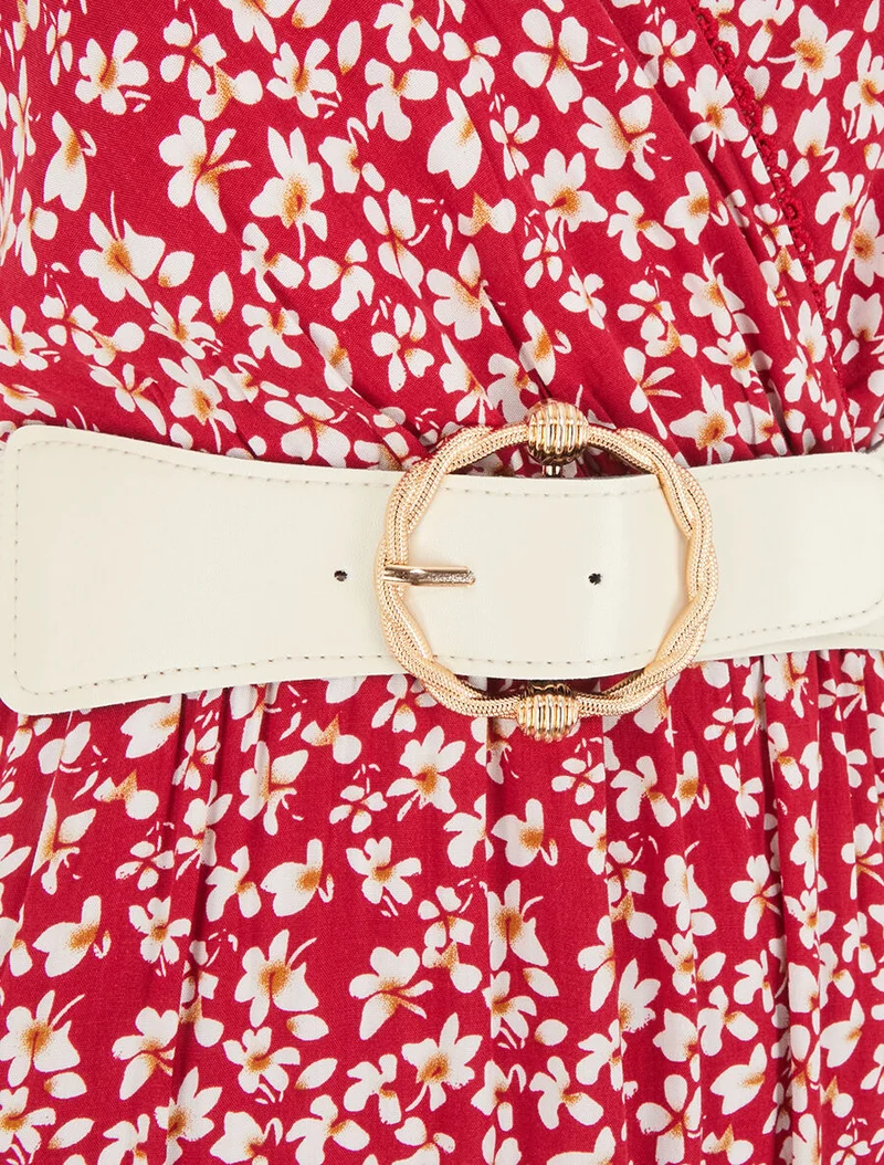 Kleid mit Blumenmuster und Knoten an den Schultern - Rot