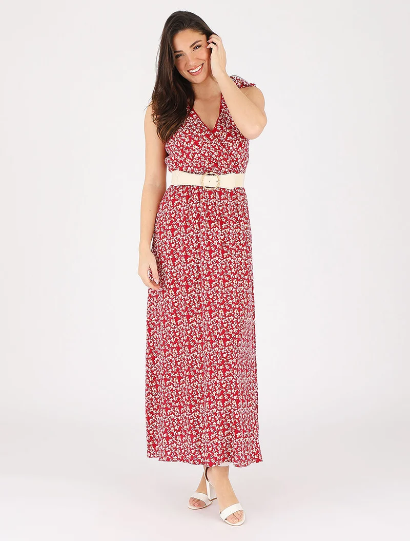 Kleid mit Blumenmuster und Knoten an den Schultern - Rot