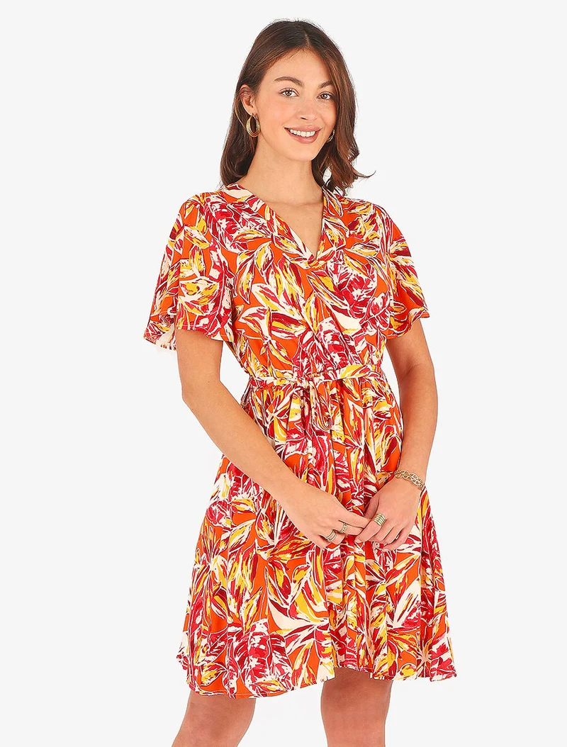 Midikleid mit Blattdruck - Rot