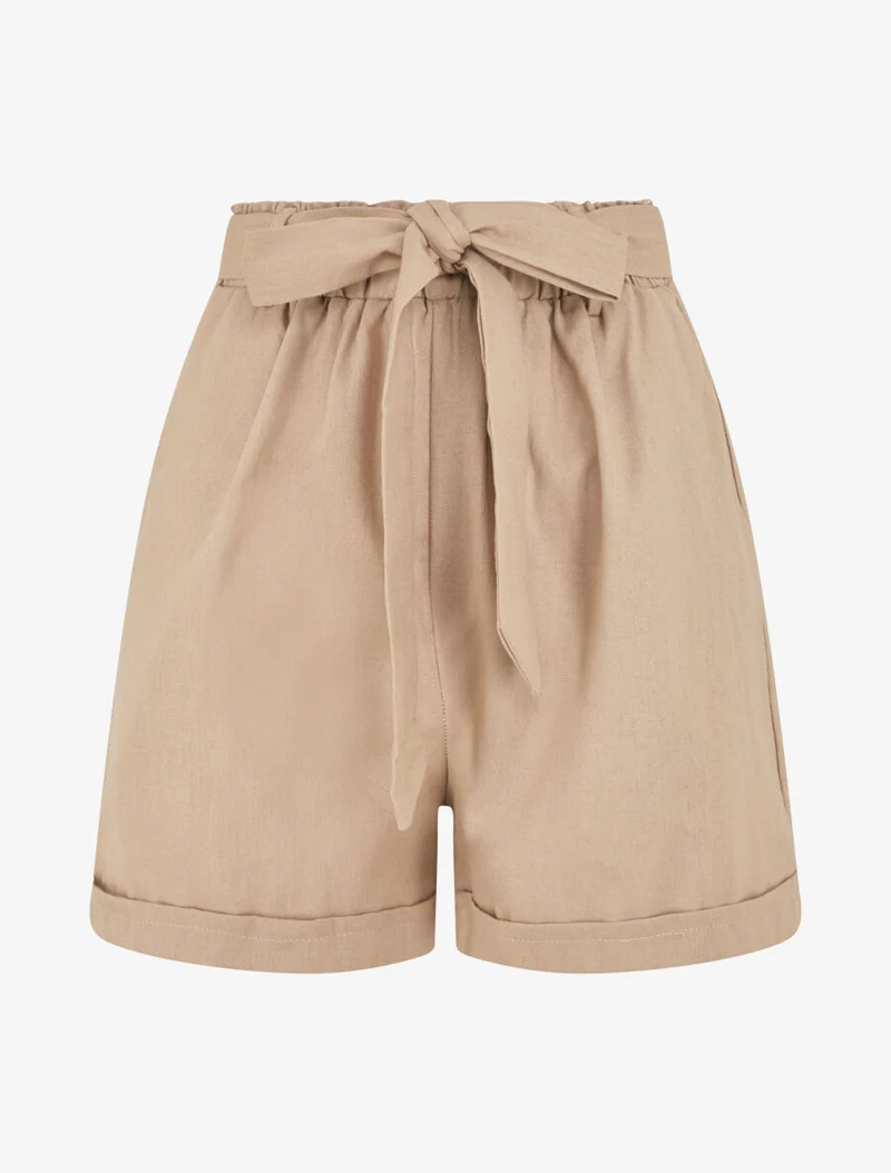 Kurze einfarbige Hose mit Umschlag - Beige