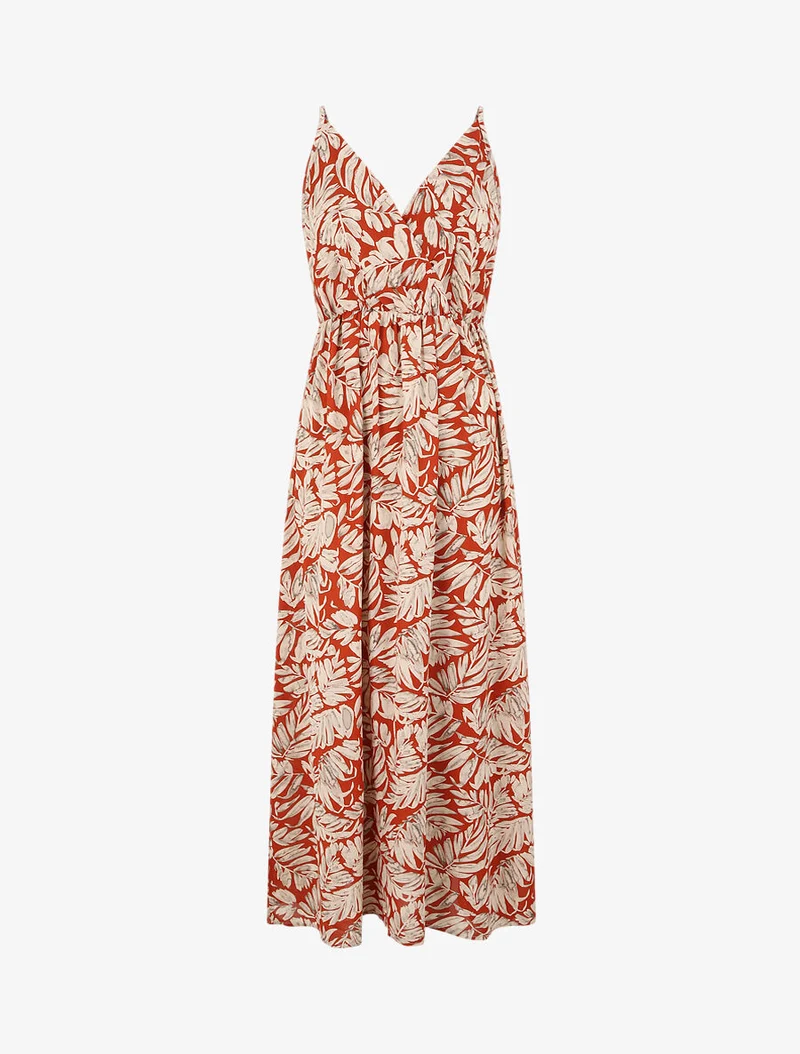 Empire-Langes Kleid mit Blätterdruck und Trägern - Rost