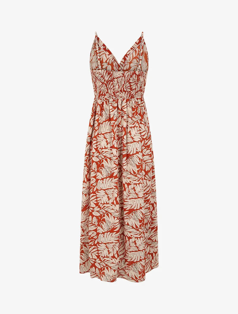 Empire-Langes Kleid mit Blätterdruck und Trägern - Rost