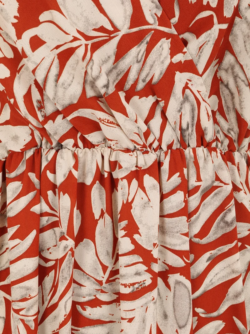 Empire-Langes Kleid mit Blätterdruck und Trägern - Rost